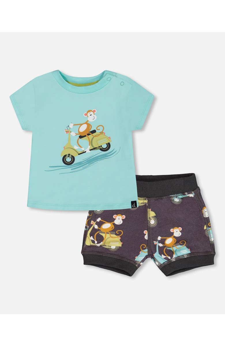 Deux par Deux Baby Boy's Two-Piece Top And Short Set Monkey On Navy And Turquoise Moped, Main, color, Monkey On Navy And Turquoise