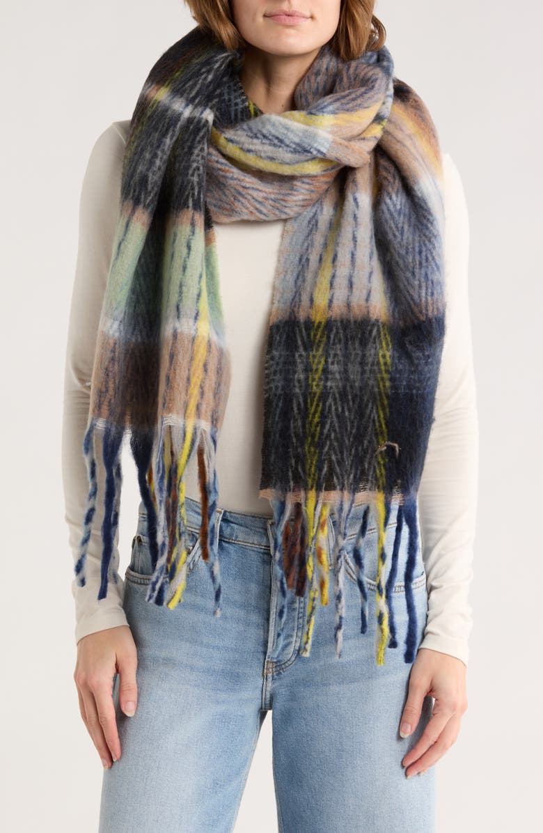 MODENA Bouclé Plaid Scarf, Main, color, Coral/ Blue/ Black Multi