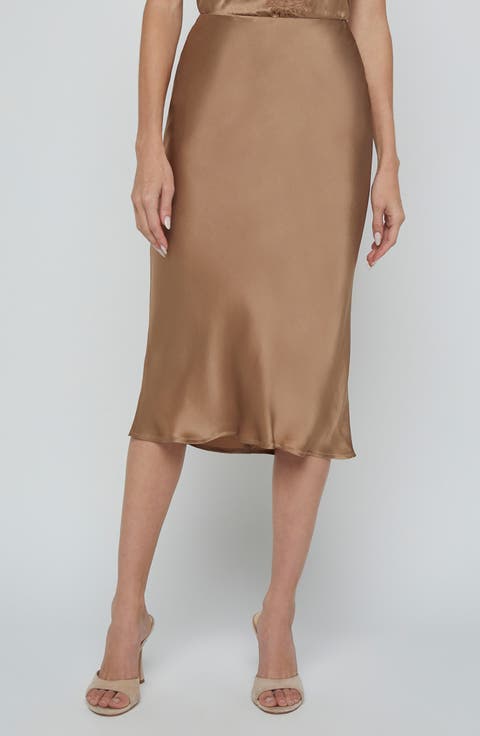 Perin Bias Cut Silk Satin Midi Skirt