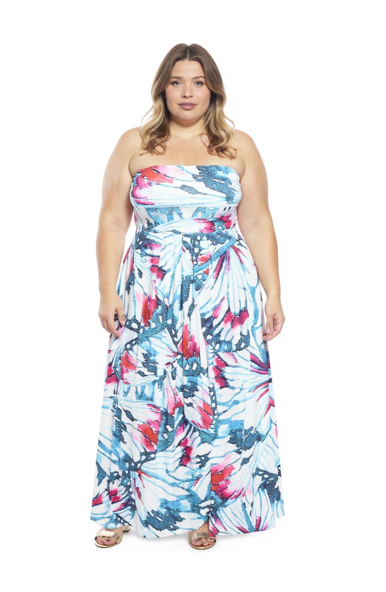 24seven Comfort Apparel Plus Size Butterfly A-Line Strapless Pocket Maxi Dress, Main, color, Blue Multi
