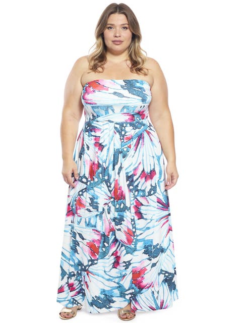 Plus Size Butterfly A-Line Strapless Pocket Maxi Dress