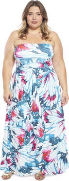 24seven Comfort Apparel Plus Size Butterfly A-Line Strapless Pocket Maxi Dress