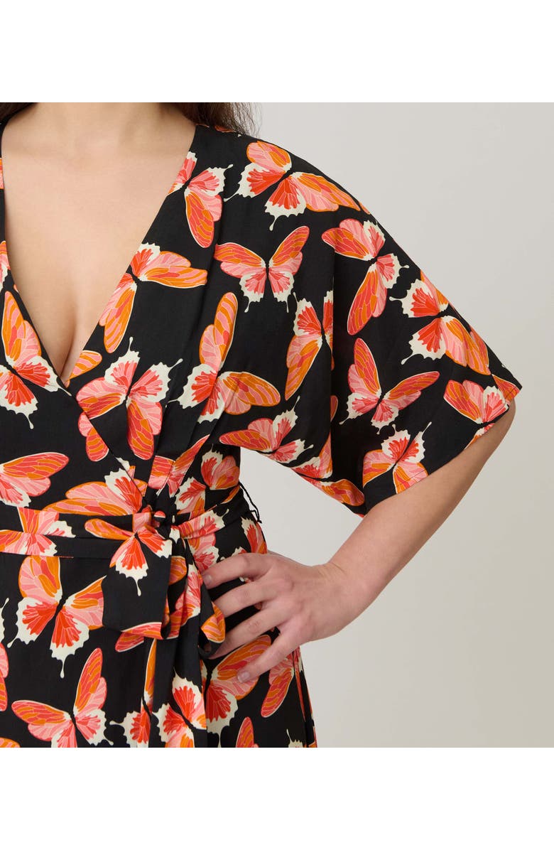 Unique Vintage 1970s Wrap Midi Dress, Alternate, color, Black W/ Red Butterfly Print