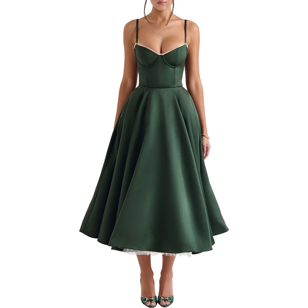House Of Cb Mademoiselle Bustier Stretch Satin Midi Dress In Duffle Bag