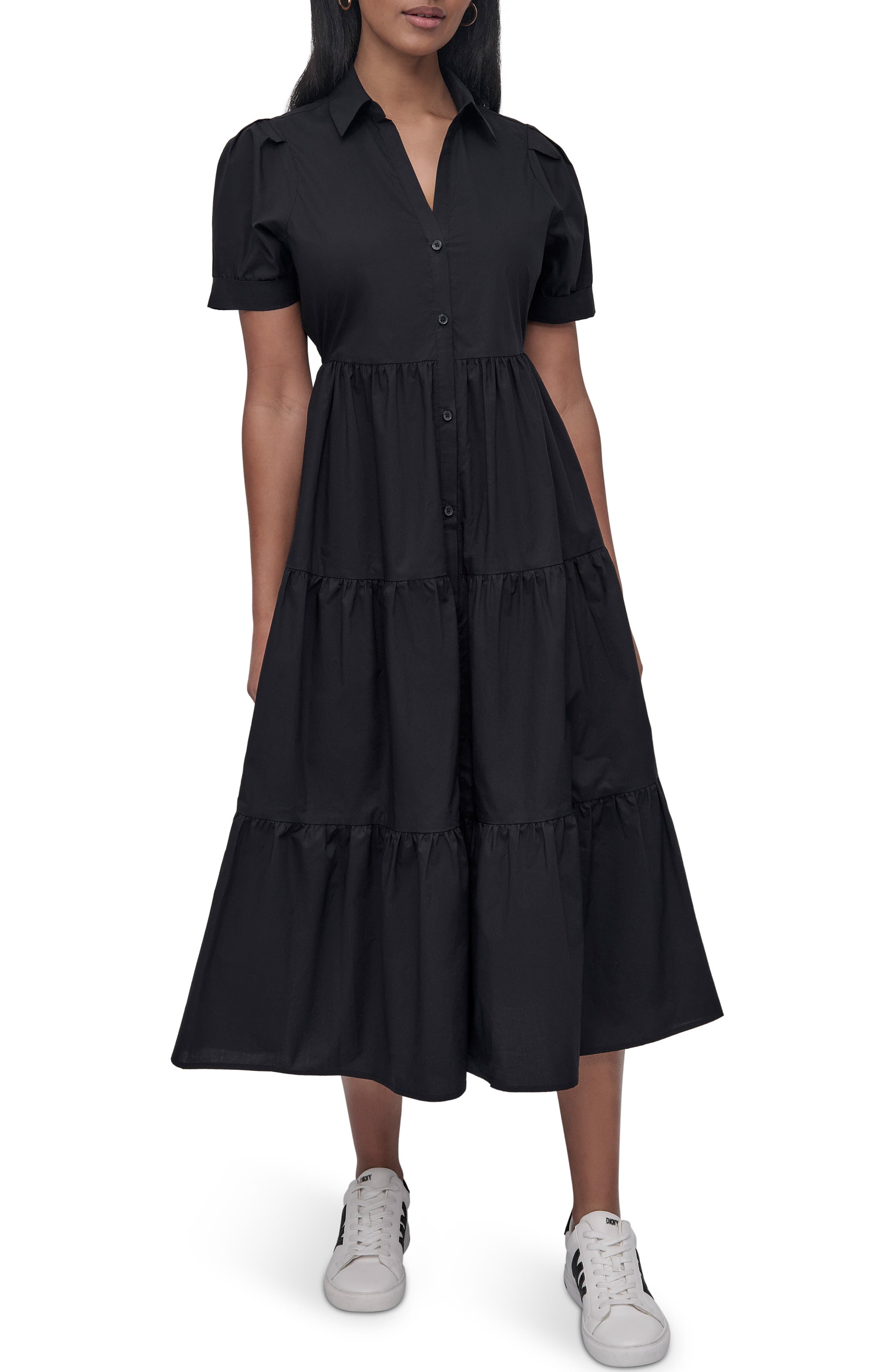DKNY Jeans Short Sleeve Tiered Cotton Poplin Shirtdress