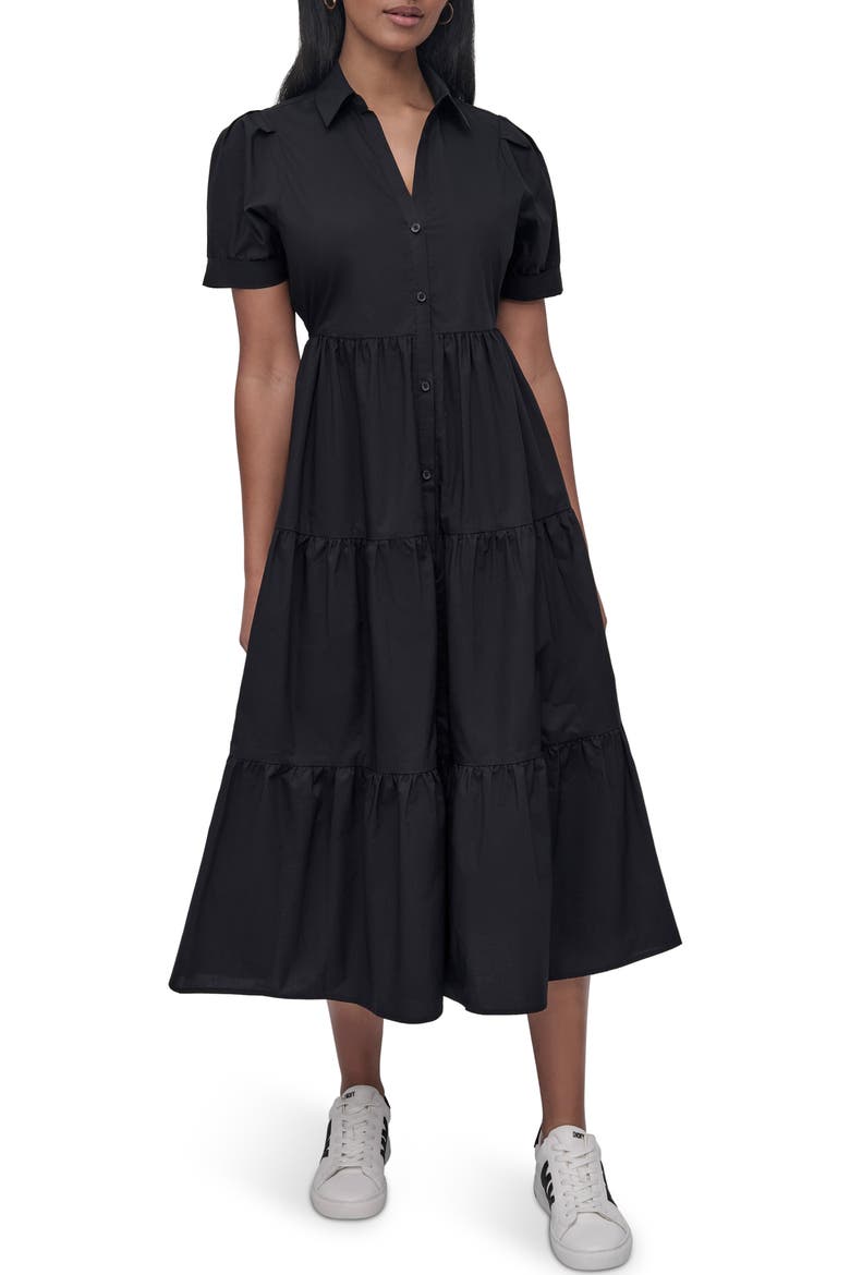 Short Sleeve Tiered Cotton Poplin Shirtdress, Main, color, BLACK