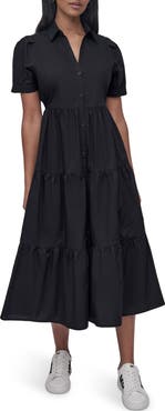 DKNY Jeans Short Sleeve Tiered Cotton Poplin Shirtdress