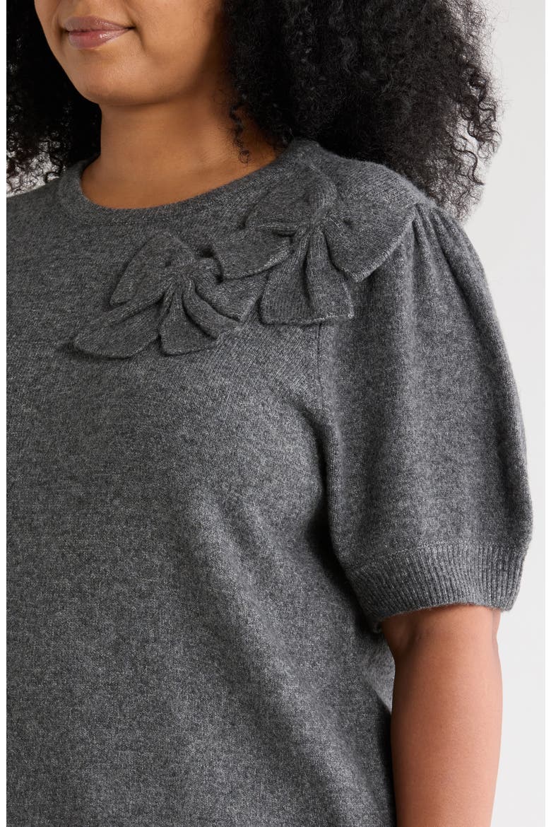 Bow Appliqu Short Sleeve Sweater, Alternate, color, MEDIUM HEATHER GREY