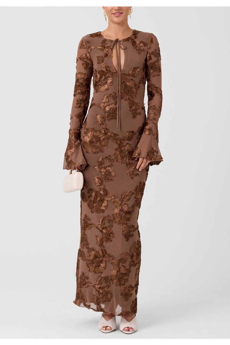 Juliet Long Sleeve Soutache Maxi Dress, Main, color, Umber