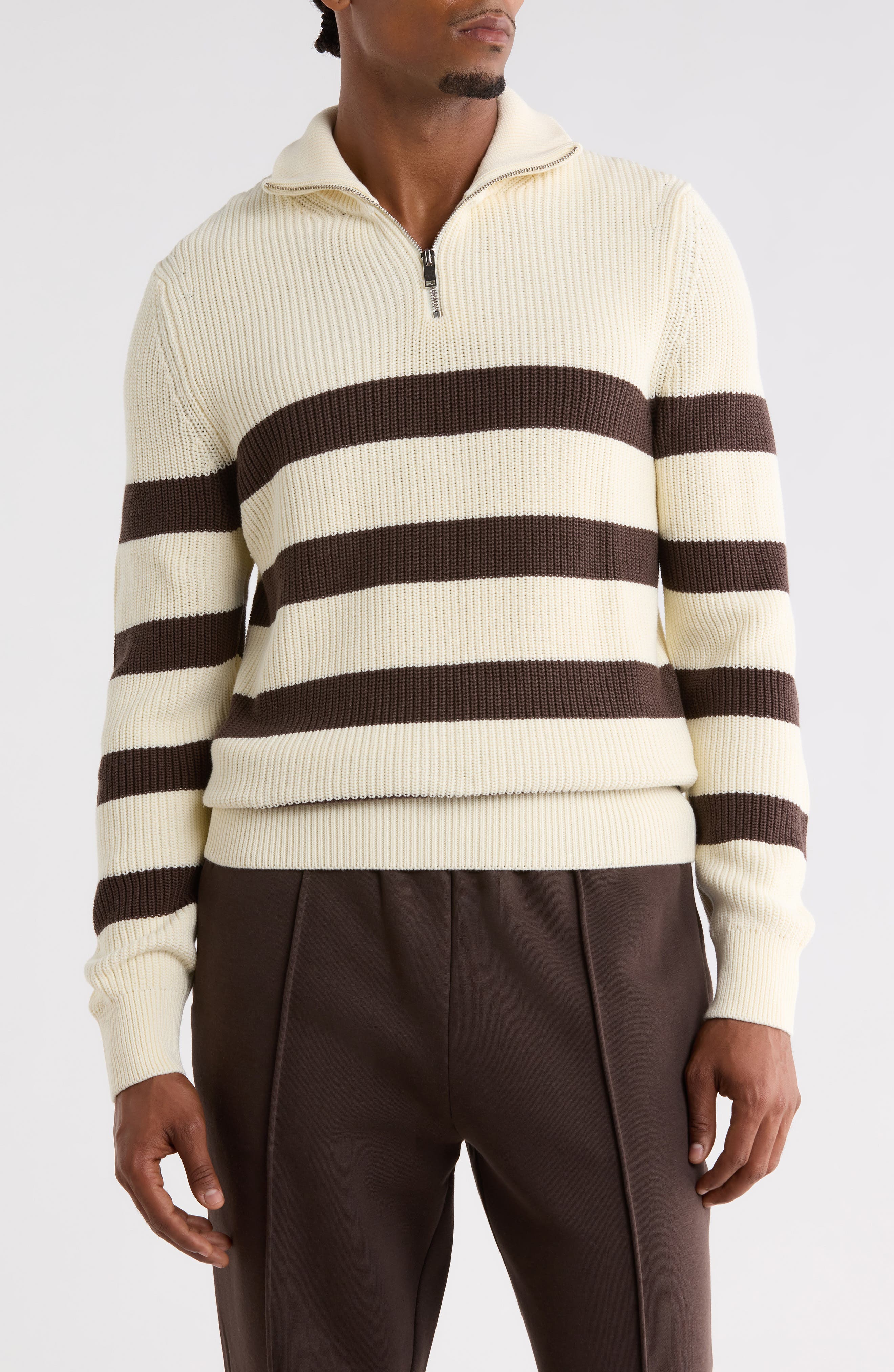 Striped Quarter Zip Cotton Sweater