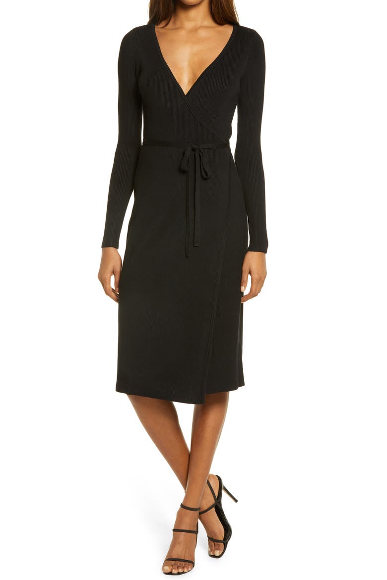 Everly Long Sleeve Wrap Sweater Dress, Main, color, JET BLACK