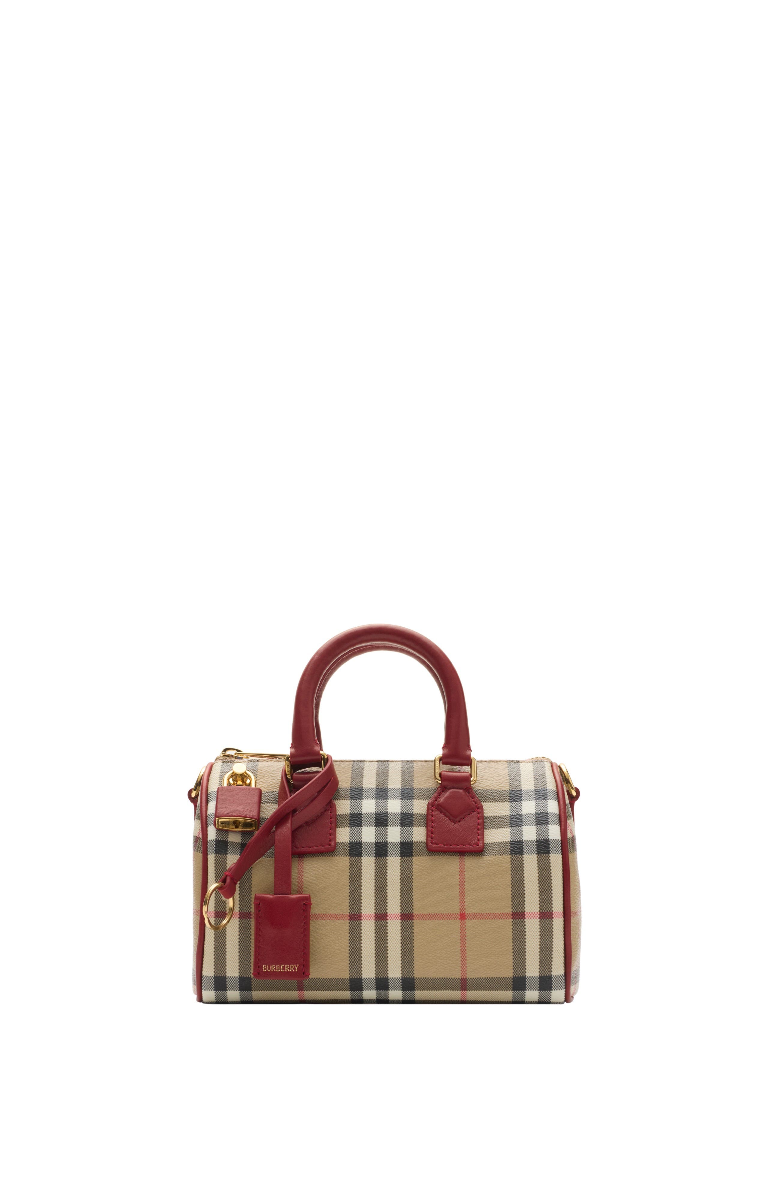 Burberry Mini Check Bowling Bag, Main, color, Archive Beige/Ruby Red