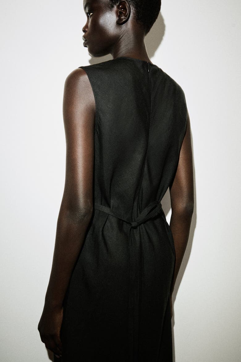 Bias Cut Linen Blend Midi Dress, Alternate, color, BLACK