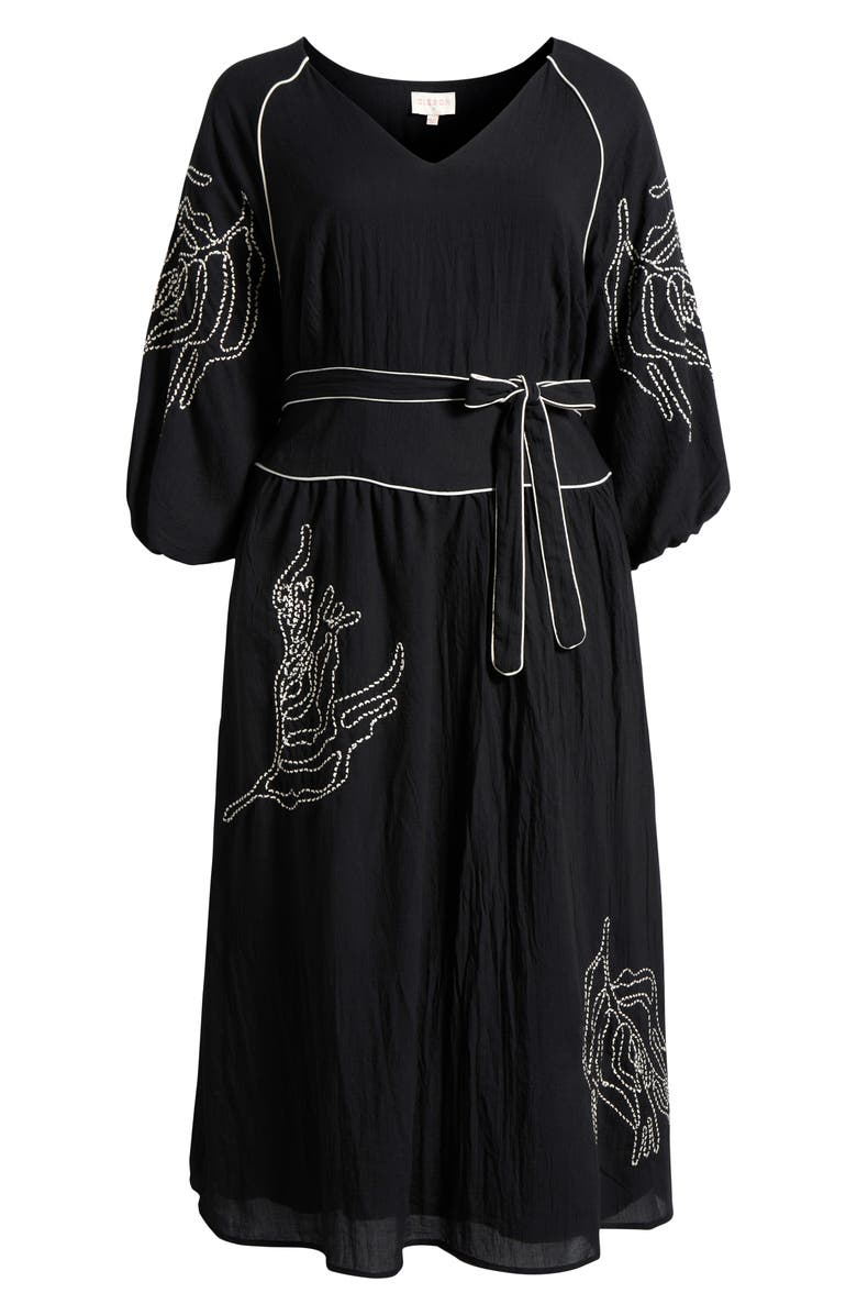 CIEBON Faye Embroidered Tie Waist Long Sleeve Maxi Dress, Alternate, color, Black