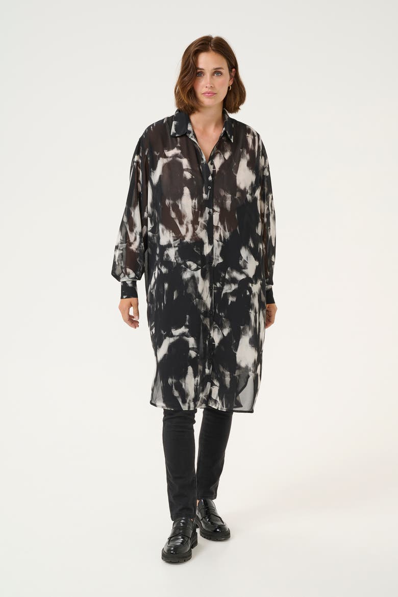Kaaska Sheer Long Sleeves Shirt Dress, Main, color, Black/Grey Blurry