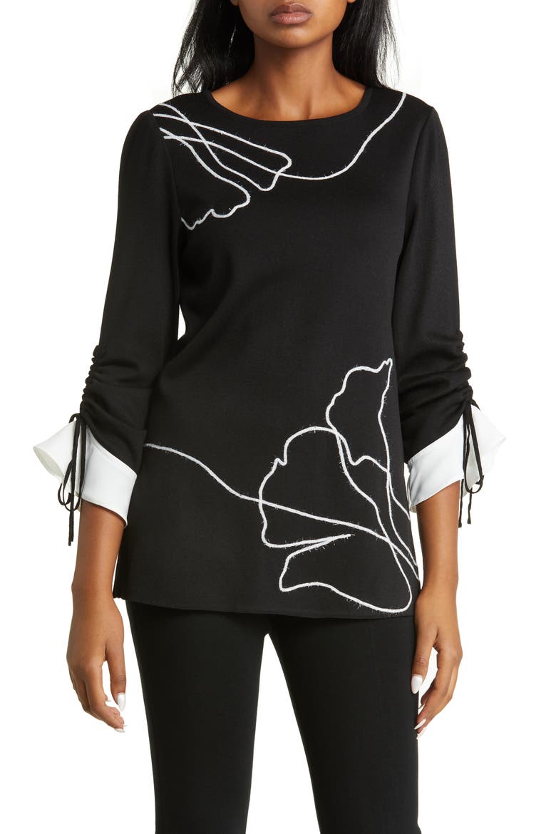 Floral Embroidered Sweater, Main, color, BLACK/ IVORY