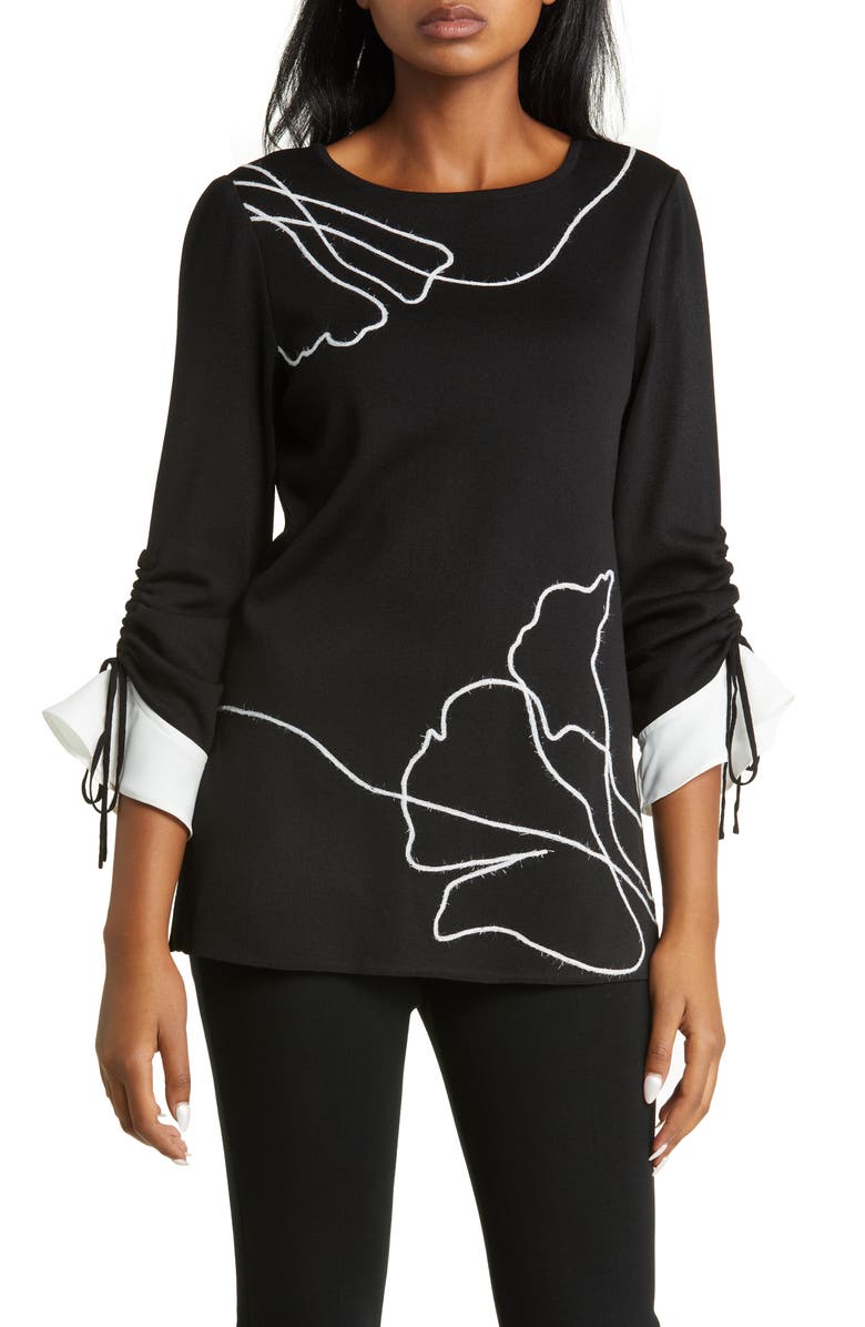 Ming Wang Floral Embroidered Sweater, Main, color, 