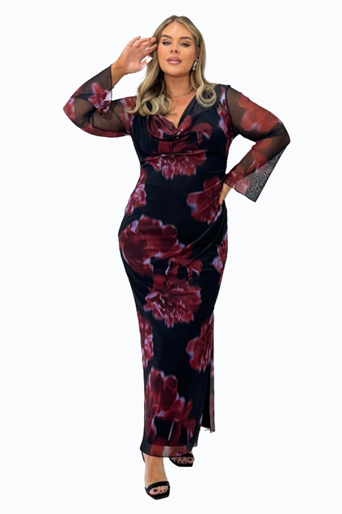 Cowl Neck Mesh Flare Sleeve Maxi Dress