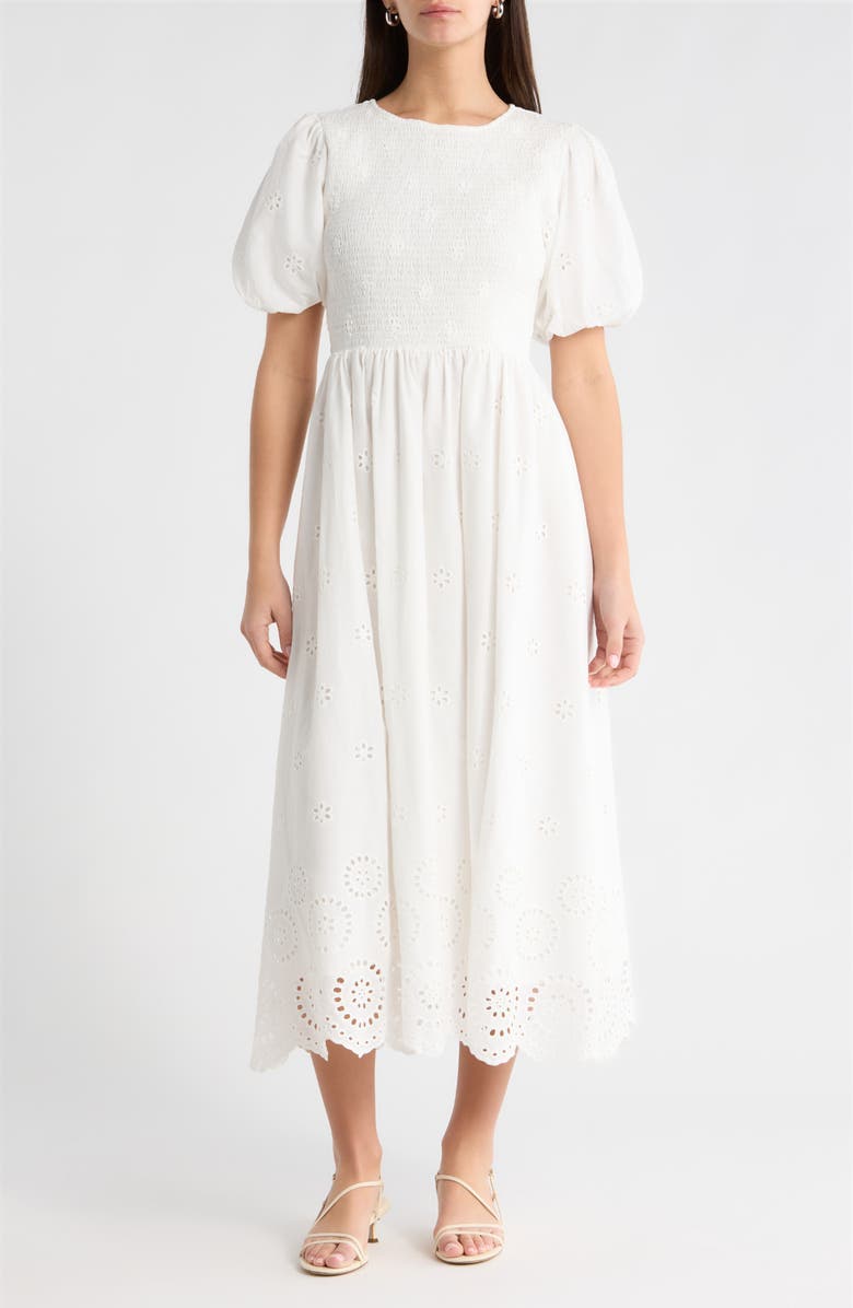SUGARLIPS Deana Eyelet Smocked Midi Dress, Main, color, White