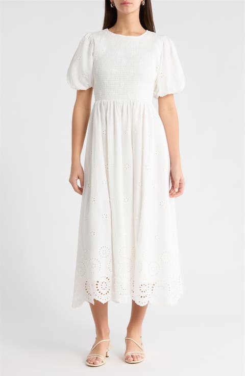 Deana Eyelet Smocked Midi Dress