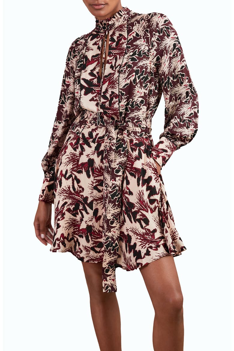 Lora Floral Print Tie Waist Dress, Main, color, BURGUNDY/CREAM