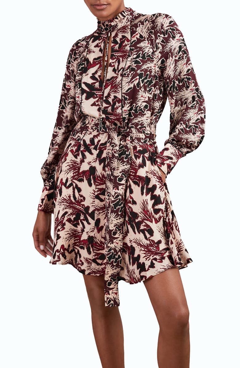 Reiss Lora Floral Print Tie Waist Dress, Main, color, Burgundy/ Cream