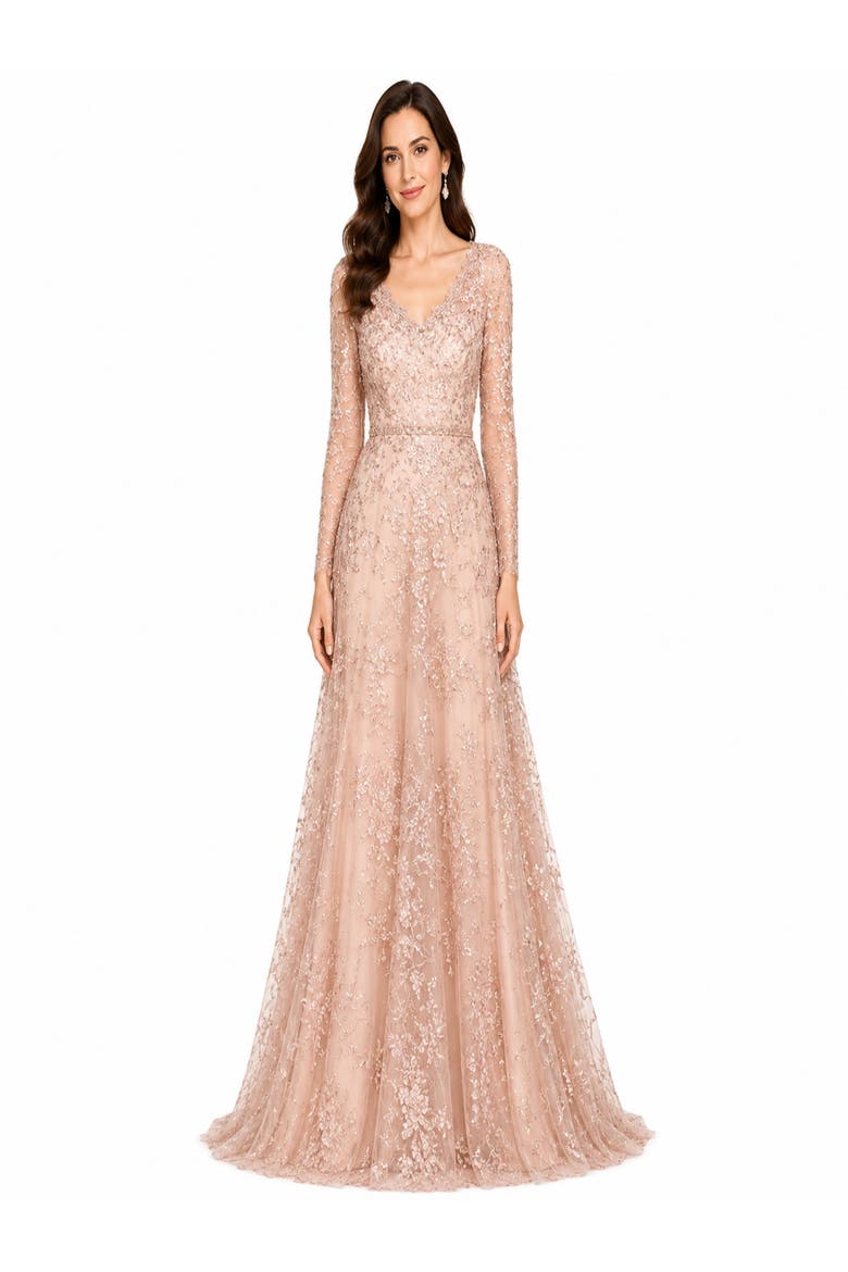 Long Sleeve V-Neck Lace Gown with Beaded Belt, Main, color, Blush