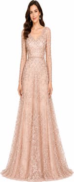 LARA New York Long Sleeve V-Neck Lace Gown with Beaded Belt