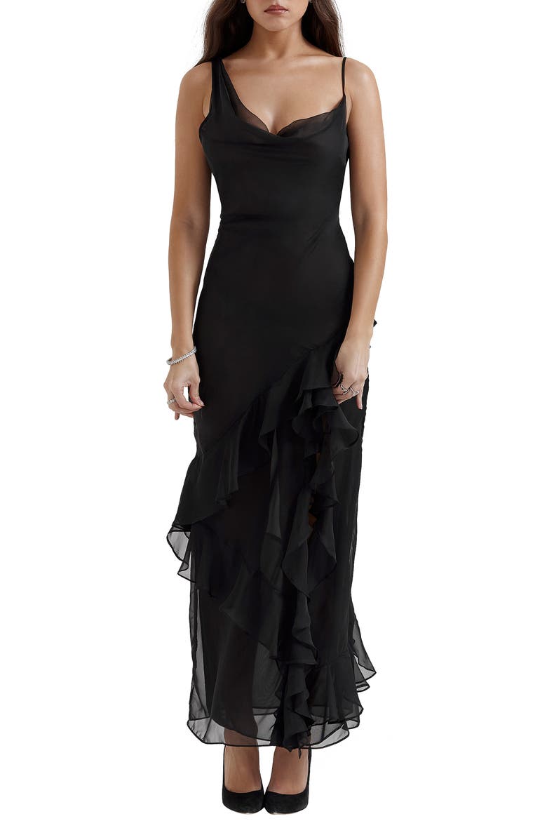 Malila Ruffle Cowl Neck Chiffon Cocktail Dress, Main, color, BLACK