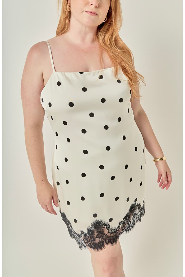 Polka Dot Lace Hem Slip Minidress, Alternate, color, CREAM/ BLACK