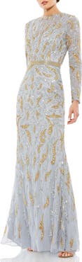 Mac Duggal Abstract Beaded Long Sleeve Evening Gown