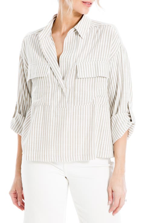 Grid Print Roll Sleeve Popover Shirt