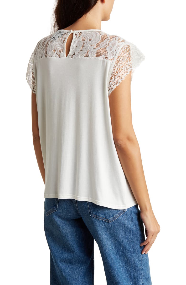 Forgotten Grace Lace Cap Sleeve Mixed Media Top, Alternate, color, White