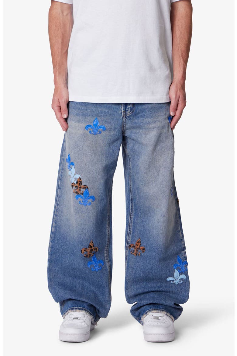 Embroidered Fleurs de Lis Ultra Baggy Jeans, Main, color, BLUE