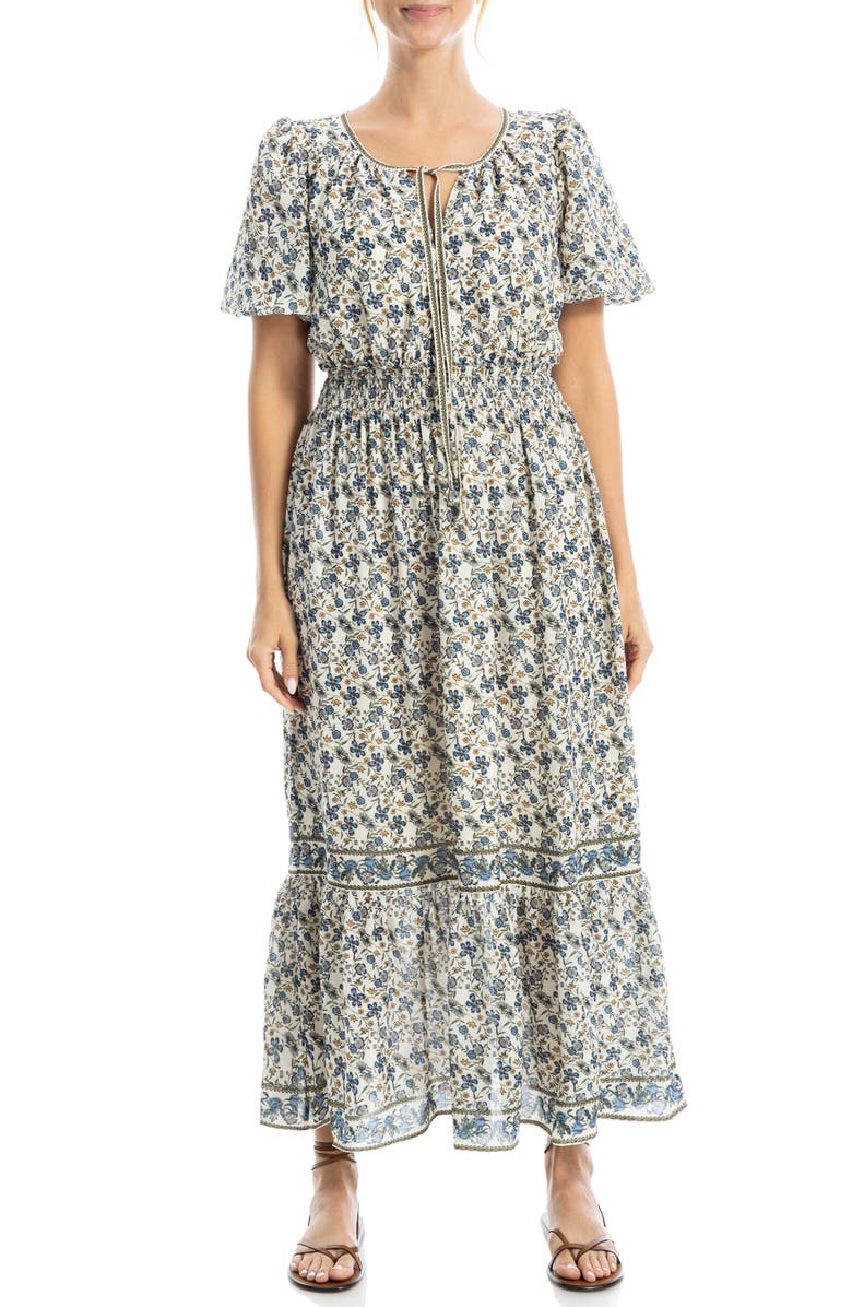 MAX STUDIO Bubble Sleeve Tiered Maxi Dress, Alternate, color, Cream/ Sky Floral Swing Vines