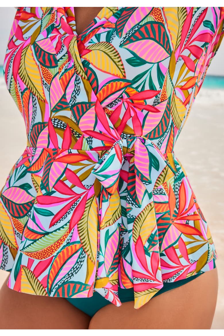 Short Sleeve Faux Wrap Tankini Top, Alternate, color, Multi Palm Leaves