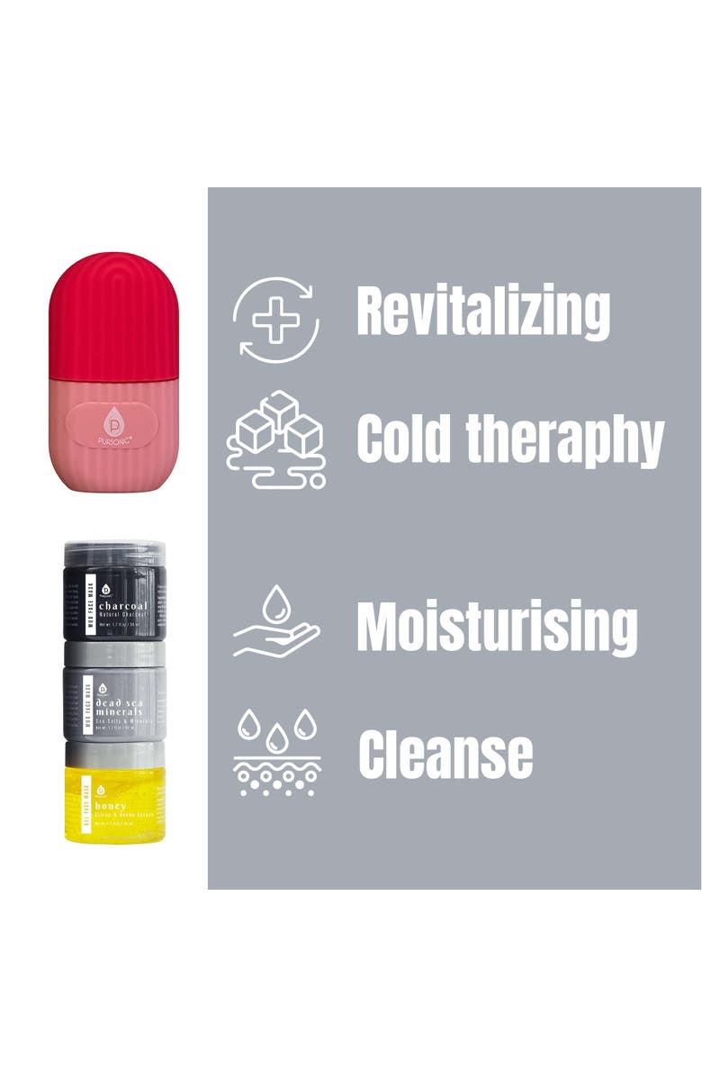 PURSONIC Ice Cube Facial Roller Massager &  3 Pack Facial Therapy Mud Face Mask Bundle, Alternate, color, 