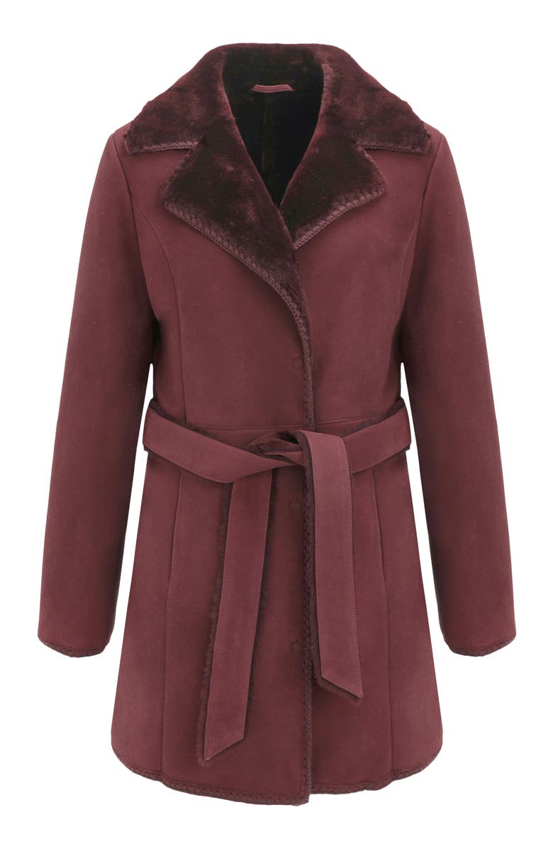 GORSKI Genuine Shearling Stroller with Embroidered Trim & Belt, Alternate, color, Burgundy