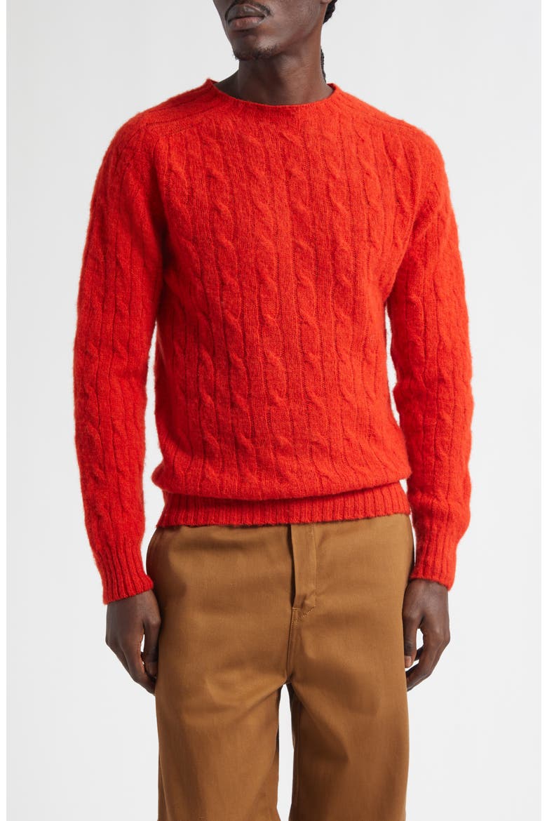 Brushed Shetland Lambswool Cable Stitch Crewneck Sweater, Main, color, CARMEN RED