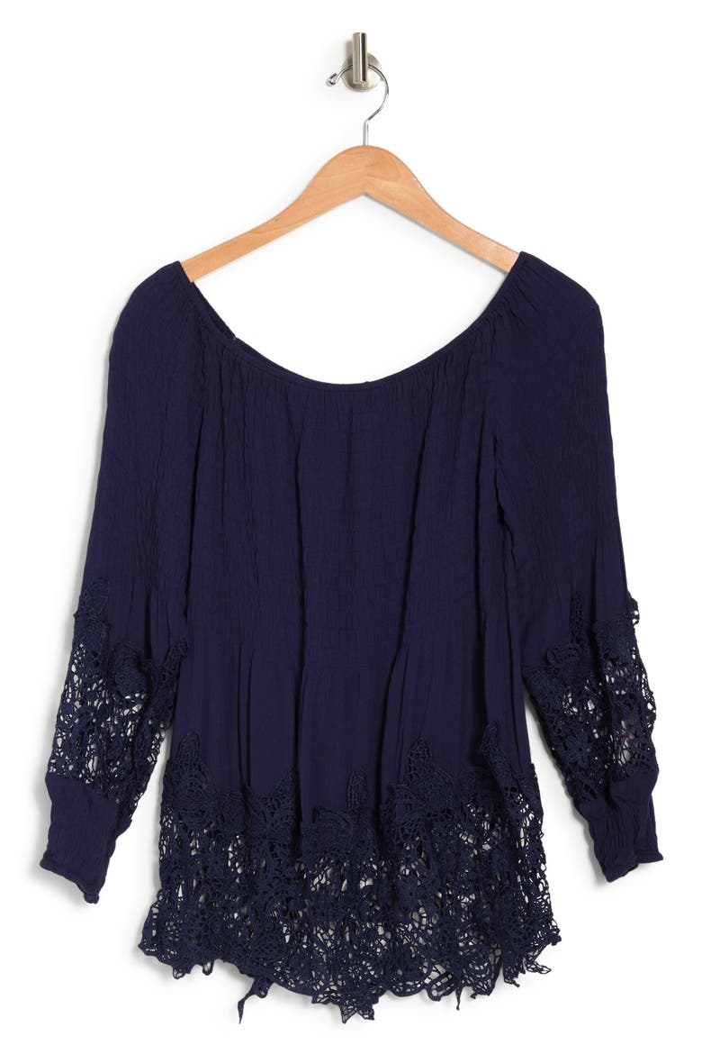 Crochet Trim Smocked Off-The-Shoulder Top, Alternate, color, NAVY