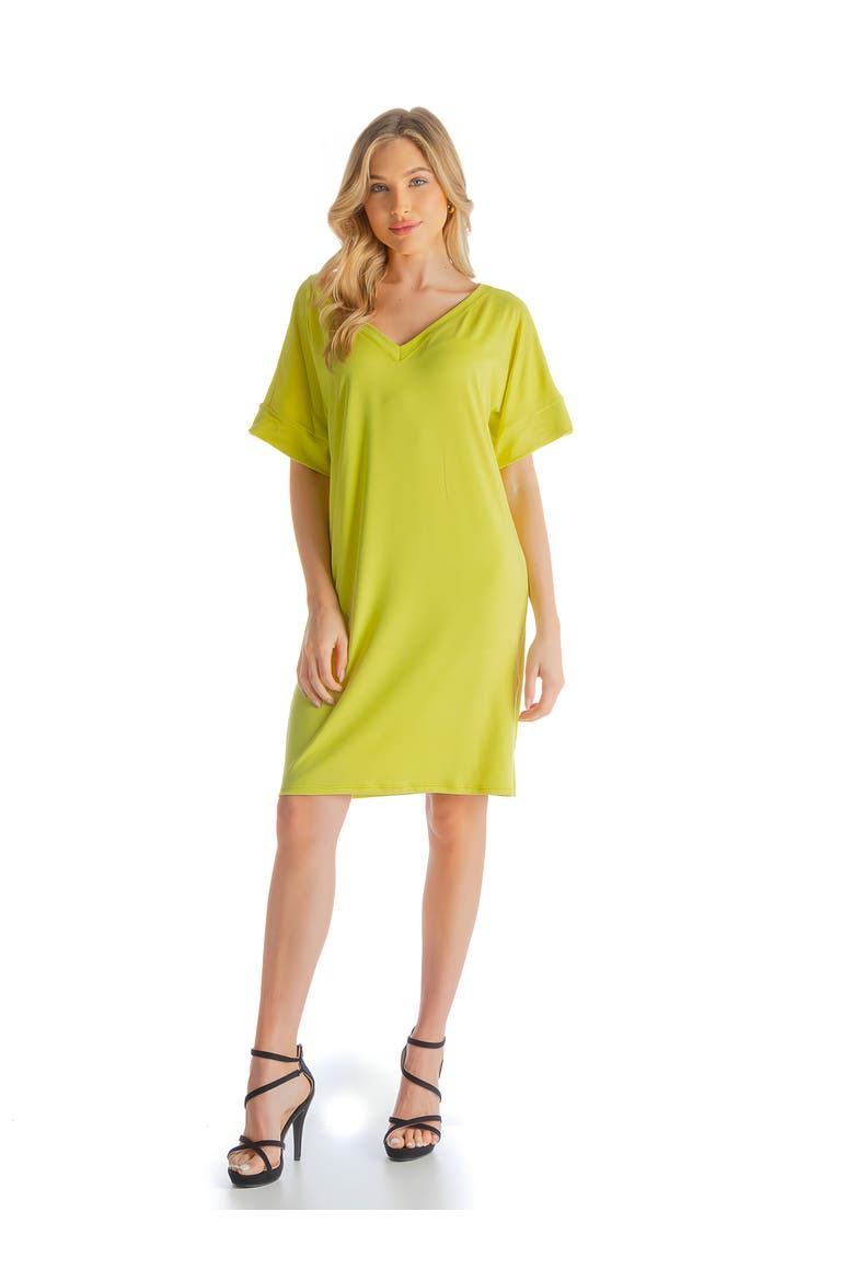 Solid Color Loose Fit V-Neck T Shirt Style Knee Length Dress, Main, color, Lime