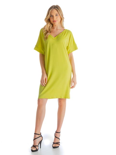 Solid Color Loose Fit V-Neck T Shirt Style Knee Length Dress