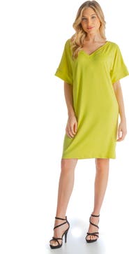 24seven Comfort Apparel Solid Color Loose Fit V-Neck T Shirt Style Knee Length Dress