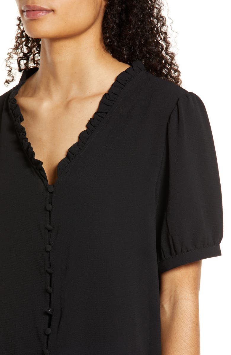 CeCe Frill V-Neck Button-Up Blouse, Alternate, color, 