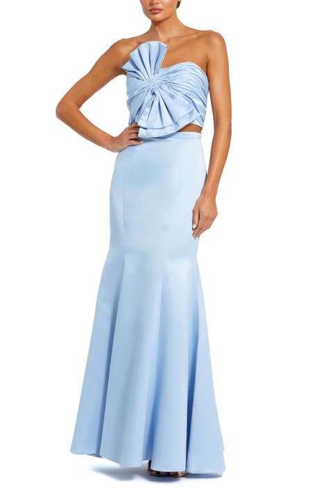 ★Mac Duggal★ Blue ストラップレス トランペットドレス Blue and Beige Floral Embroidered Lace Trumpet Gown - Mac Duggal