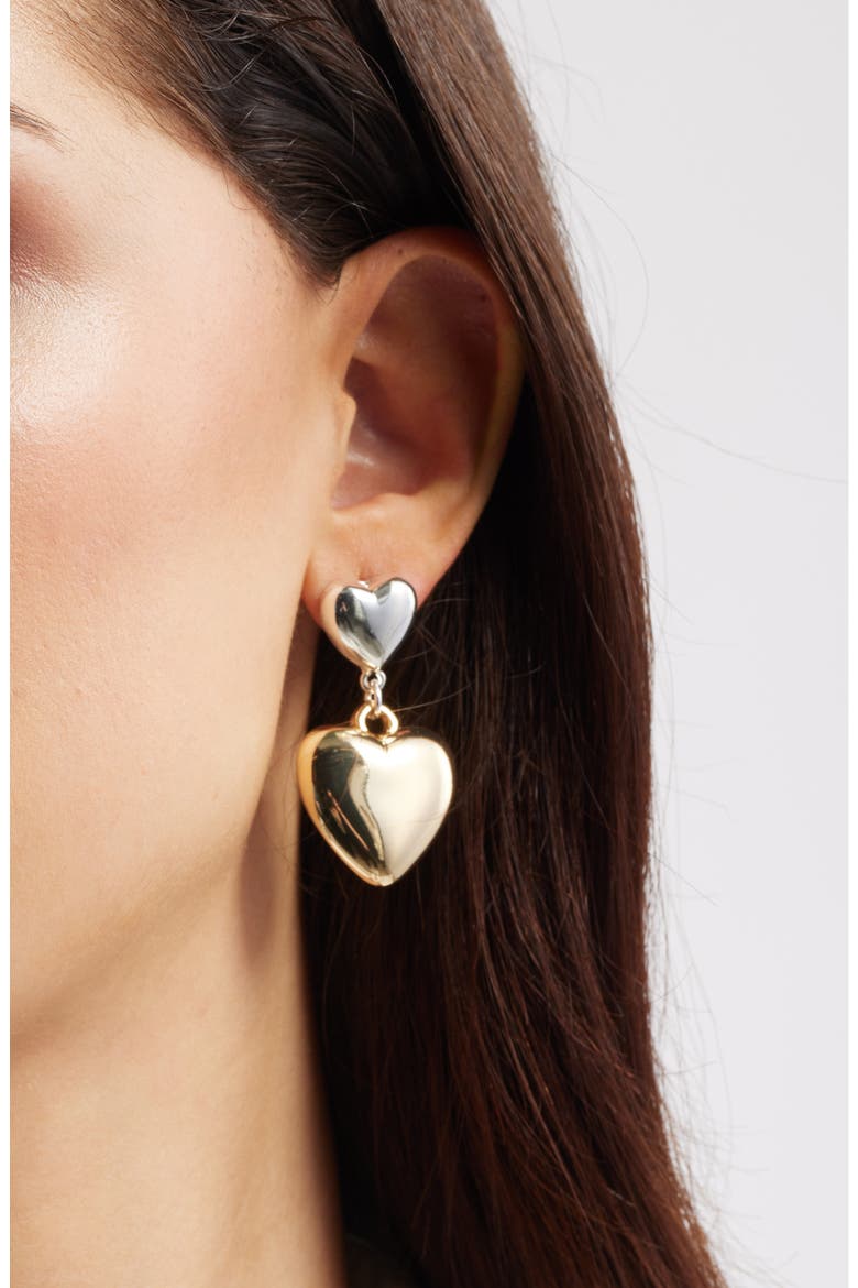 Puffy Heart Drop Earrings, Alternate, color, SILVER- GOLD