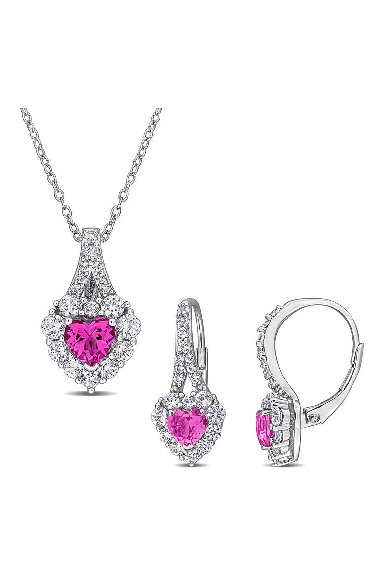 Lab Grown Pink & White Sapphire Earrings & Necklace Set, Main, color, PINK