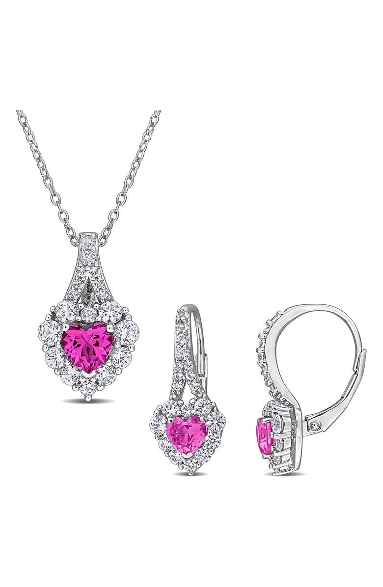 DELMAR Lab Grown Pink & White Sapphire Earrings & Necklace Set, Main, color, Pink