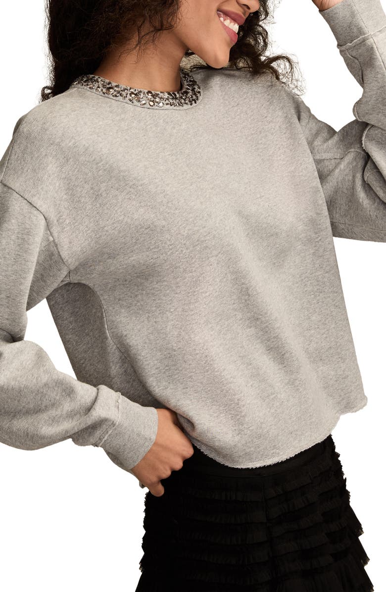 Lucky Brand Beaded Crewneck Sweatshirt, Alternate, color, Medium Heather Grey
