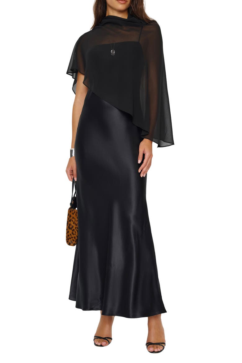 Lilibeth Silk Charmeuse Slipdress & Chiffon Cape Set, Main, color, BLACK
